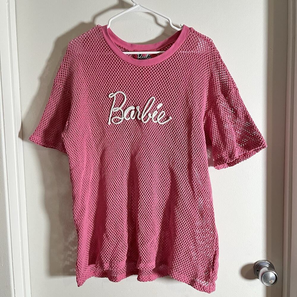 Barbie x forever 21 Pink Net Shirt Top Swim Cover Up Sporty Barbiecore XL - Picture 4 of 9